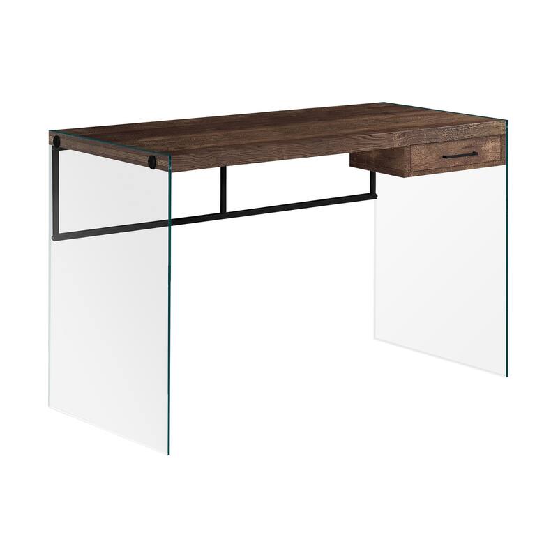 Computer Desk, Home Office, Laptop, Storage Drawers, 48"l, Work, Brown Laminate, Clear Tempered Glass, Contemporary