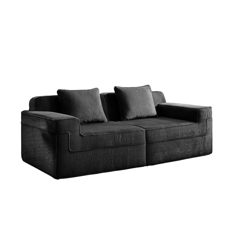 Modular 2-Seat Boneless Sofa, Modern Sectional Couch with Deep Seats, Wide Armrests, Corduroy Loveseat with Throw Pillows