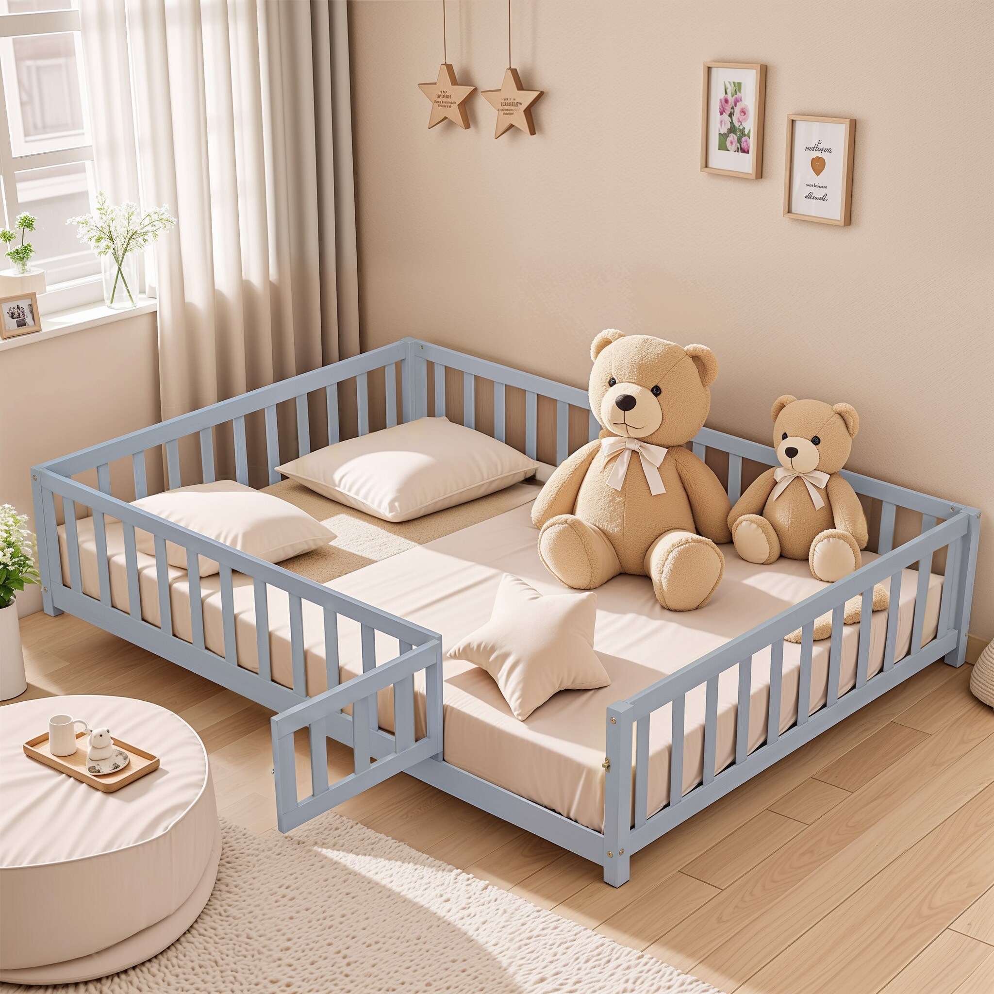 Full Size Grey Floor Platform Bed with Fence and Door for Kids