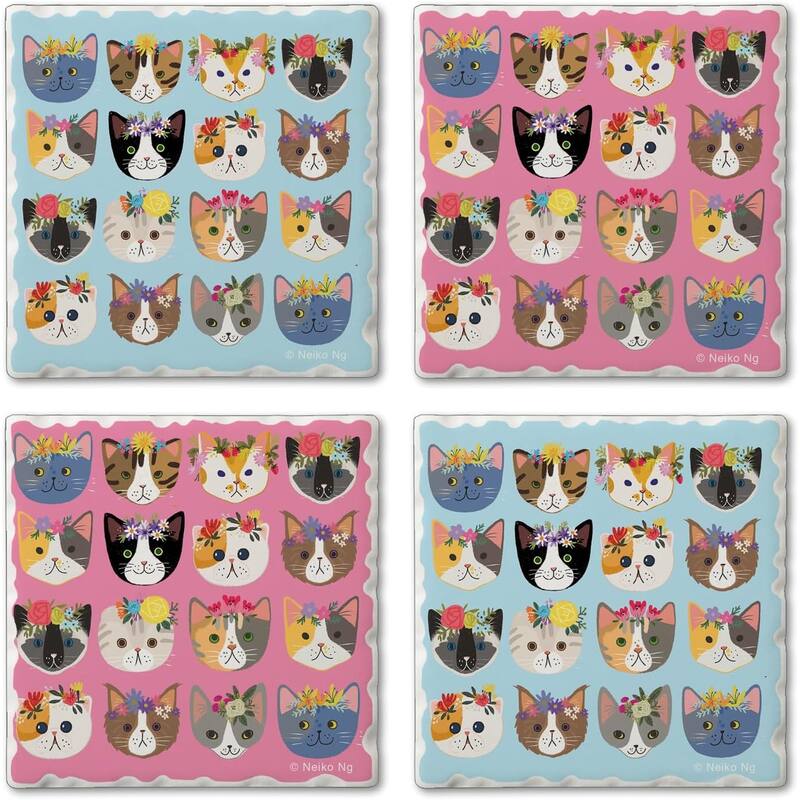 Cats with Crowns 4 Pack Multi-Image Stone Coasters Cork Backing Made in The USA 4" Square Artistic Absorbent Easily Wipes Clean - Multi