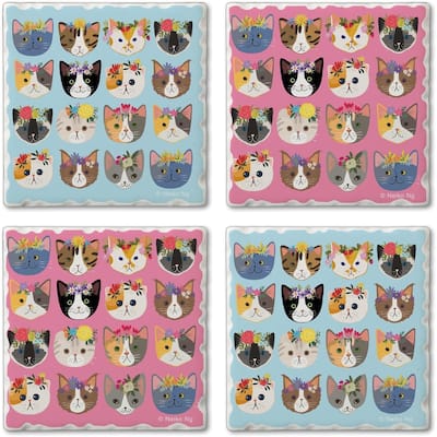 Cats with Crowns 4 Pack Multi-Image Stone Coasters Cork Backing Made in The USA 4" Square Artistic Absorbent Easily Wipes Clean