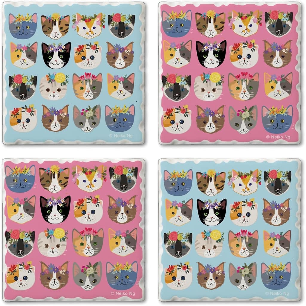 Cats with Crowns 4 Pack Multi-Image Stone Coasters Cork Backing Made in The USA 4" Square Artistic Absorbent Easily Wipes Clean