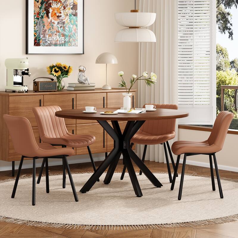 Round Dining Table Meeting Table Office Table, Wood Kitchen Table with X-Shaped Pedestal Base, Easy Assembly