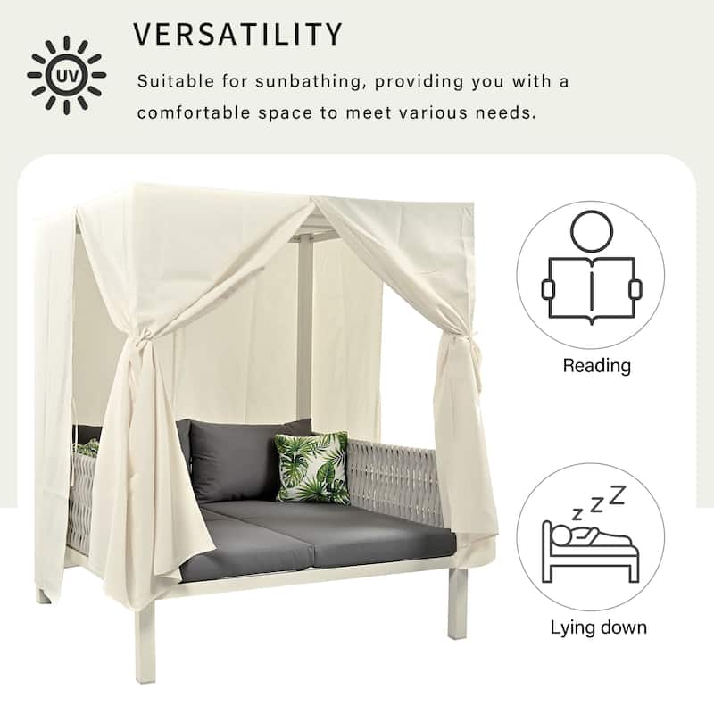 Outdoor Rattan Canopy Daybed Sunbed with Curtain & Woven Rope Arm