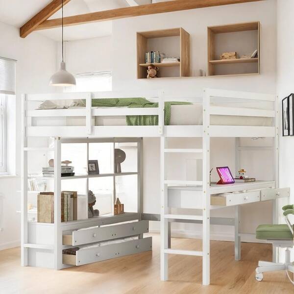 slide 2 of 15, Multi-functional Design Full Size Loft Bed with Built-in Desk with 2 Drawers and Storage Shelves, Space Saving, White White