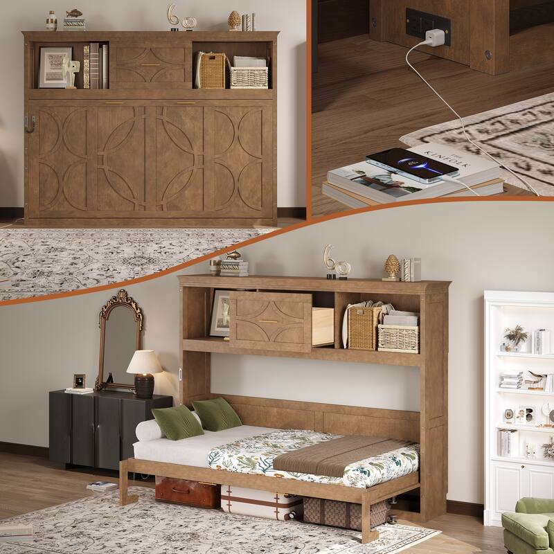 Twin Size Murphy Bed with Charging Station, Drawer, and Storage Cabinets, Wood Finish