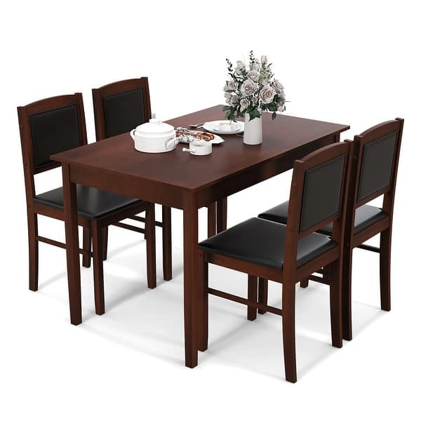 slide 2 of 9, Gymax 5 PCS Dining Table Set for 4 w/Rubber Wood Legs Upholstered Seat Brown