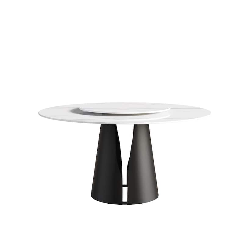 59'' Round Marble Dining Table with Solid Wood Pedestal