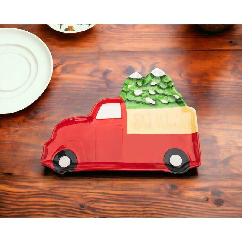 HomeRoots 18" Green and Red Red Truck Porcelain China Christmas Serving Tray - Green and Red