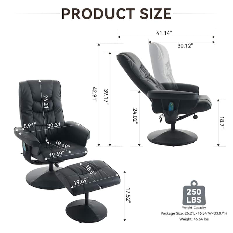 PU Leather 360° Swivel Massage Recliner Chair with Ottoman, Massage and Heated Seat
