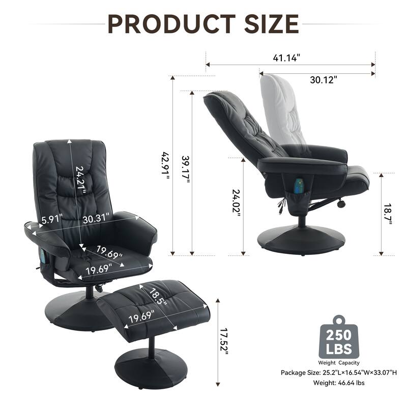 Recliner Chair with Ottoman - 360° Swivel Massage Lounge Chair with 5-Point Vibration & Heated Seat, 140° Adjustable PU Recliner