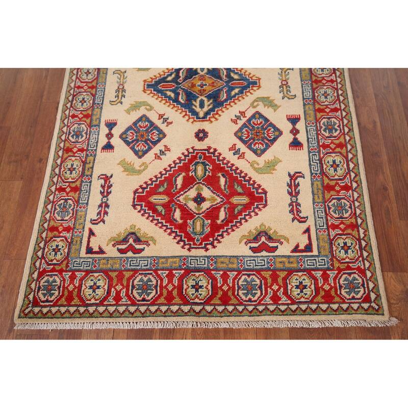 Geometric Kazak Accent Rug Hand-Knotted Beige Wool Carpet - 3'3" x 5'1"