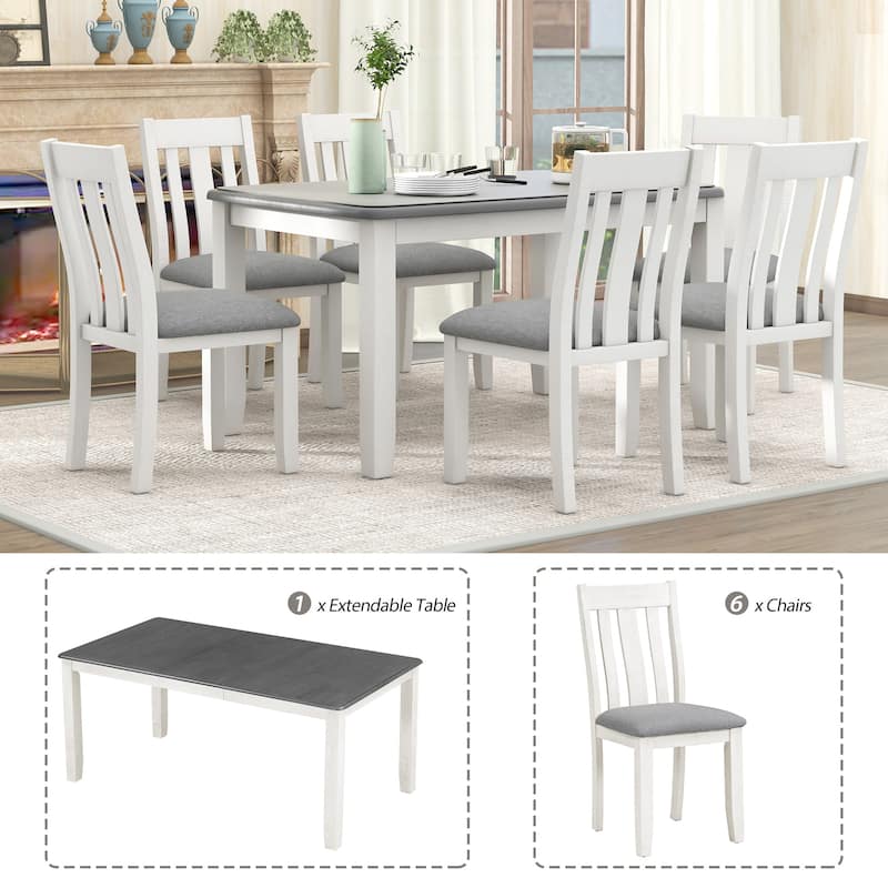 Retro 7-Piece Dining Table Set with Extendable Table and 6 Upholstered Chairs for Elegant Dining