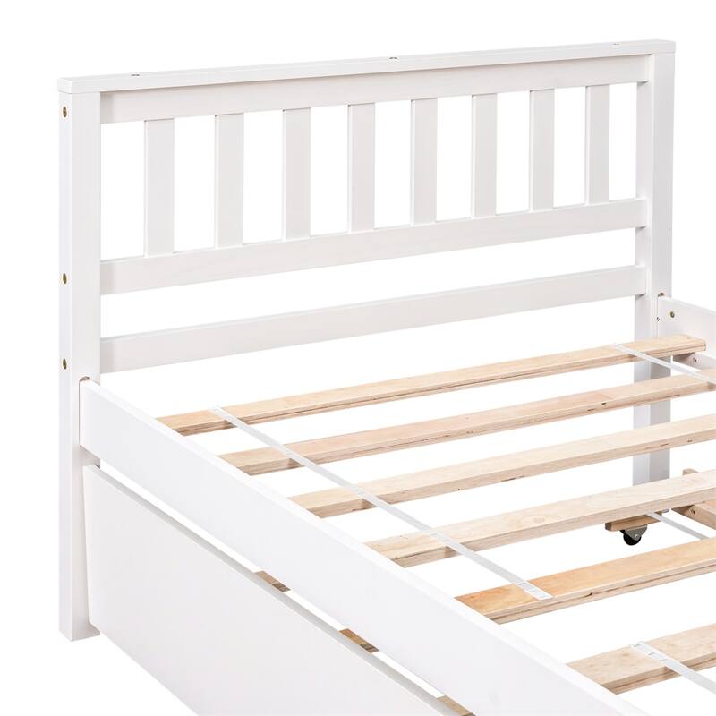 Twin Size Platform Bed Frame with Trundle for Small Space-White
