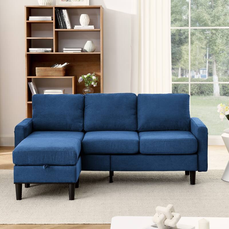 L-Shaped Blue Sectional Sofa 3 Seat Couch Sets with Storage Ottoman ...