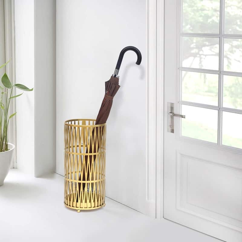 ADECO Stand Gold / Black Round RackMetal Umbrella Cane Walk Stick Drip Tray - 9. 2"x9. 2"x19"