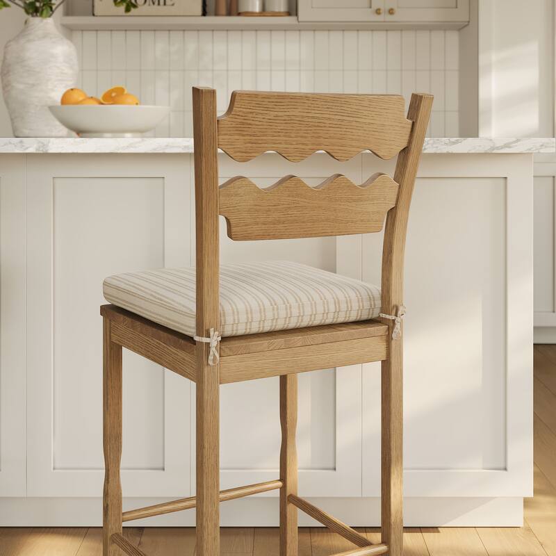 Jax Oak Wood Bar Stool With Wavy Razor Back and Cushion