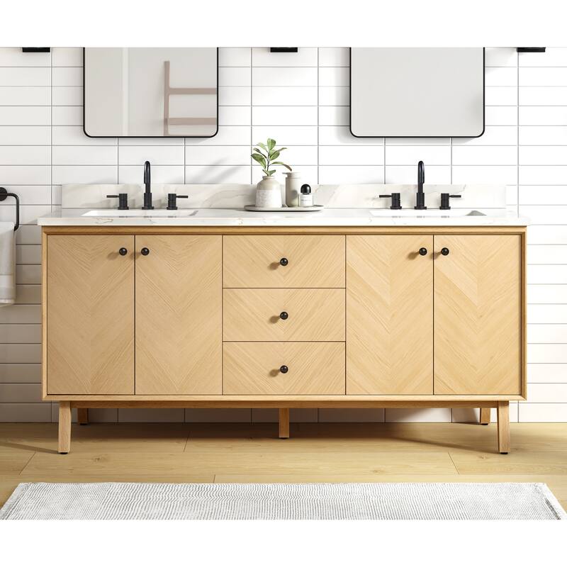 Avanity Adele 73 in. Vanity Combo in Natural Oak finish with Calacatta Quartz Top