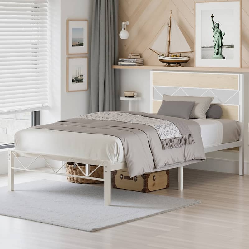 VECELO Vintage Metal Platform Bed Frame with Wood Headboard, Storage Bed, Noise-Free, No Box Spring Needed, Twin/Full/Queen Size