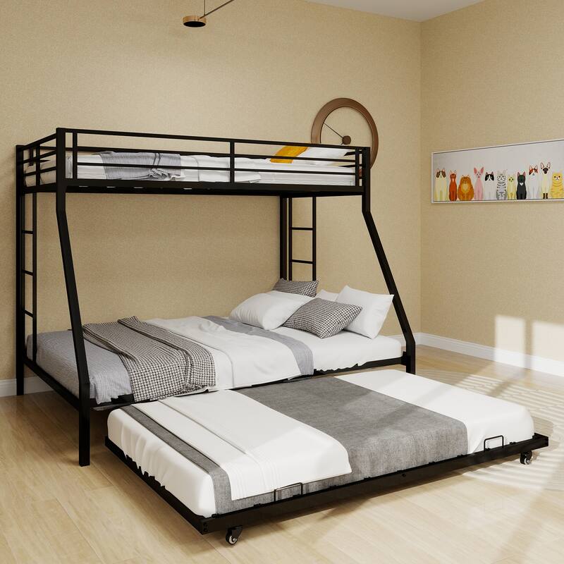 High - Stability Square Tube Bunk Bed, Featuring Ladder & Rolling Trundle, Modern Minimalist Look, Queen