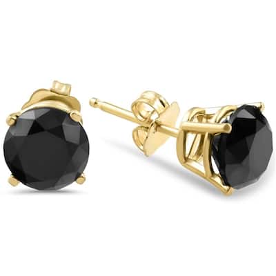 3 TCW Yellow Gold Round Black Diamond Stud Earrings