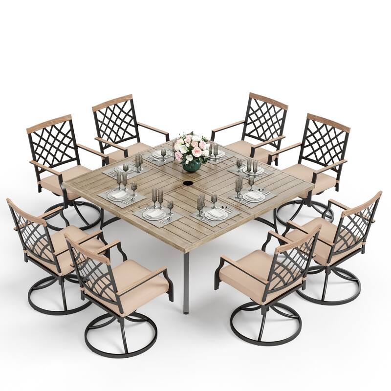 MAISON ARTS 9-Piece Patio Dining Set, 60 Inch Square Metal Table with 8 Swivel Dining Chairs