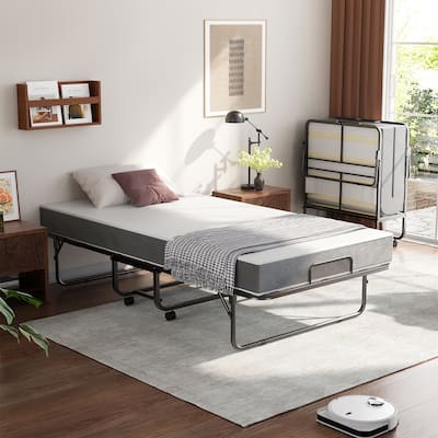 Folding Bed with 5 Inch Memory Foam Mattress, Small Single Bed Extra Guest Bed with Wheel
