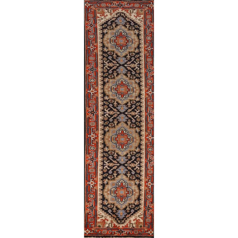 Dark Navy Blue Heriz Serapi Indian Runner Rug Hand-Knotted Wool Carpet - 2'6" x 9'11"