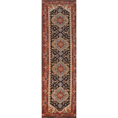Dark Navy Blue Heriz Serapi Indian Runner Rug Hand-Knotted Wool Carpet - 2'6" x 9'11"