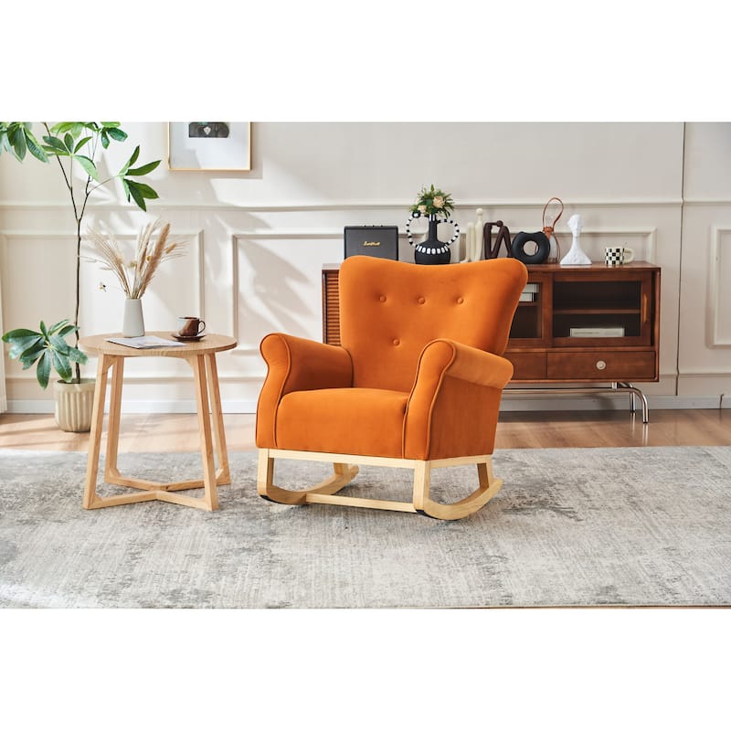 Velvet Upholstered Glider Rocking Chair, Glider Rocking Chair with Fabric Seat, High Back Armchair with Wood Base