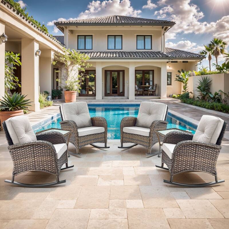 Gymojoy Ergonomic Swivel & Glider / Rocking Chair Set with Side Tables Outdoor Patio Furniture Set - 6-Piece - Rocking Chair - Brown Wicker / Beige Cusion