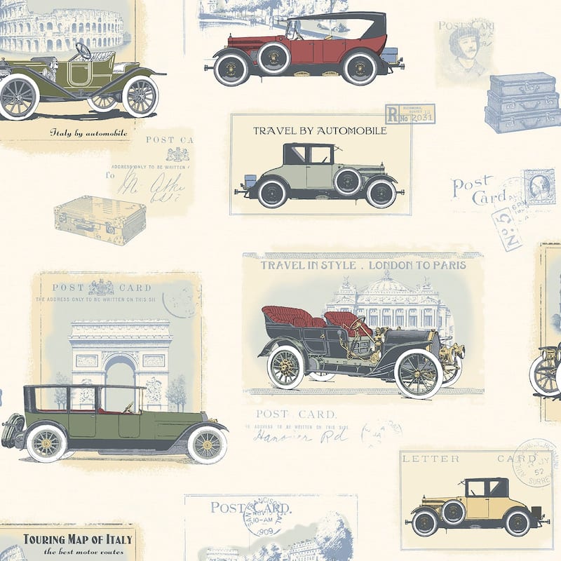 Galerie Wallcoverings Nostalgie Collection Old Time Cars Non-woven Matte Wallpaper Roll - 33 feet x 21 inches - Off White