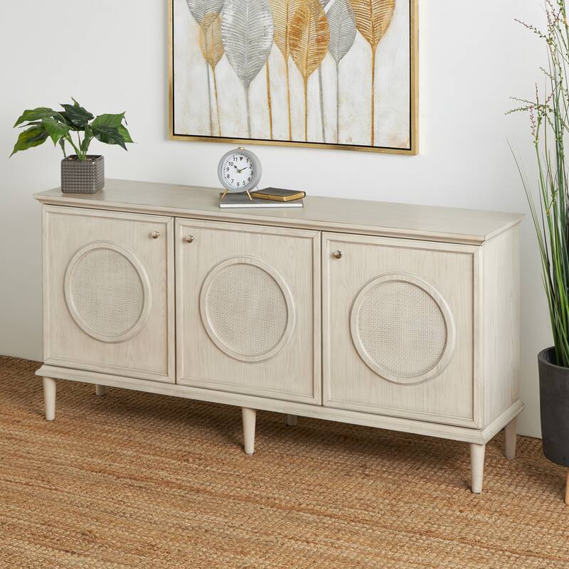 Wooden Washed Circular Woven Rattan 3 Door Sideboard with Round Silver Knobs - Light Gray - Roche River Decor