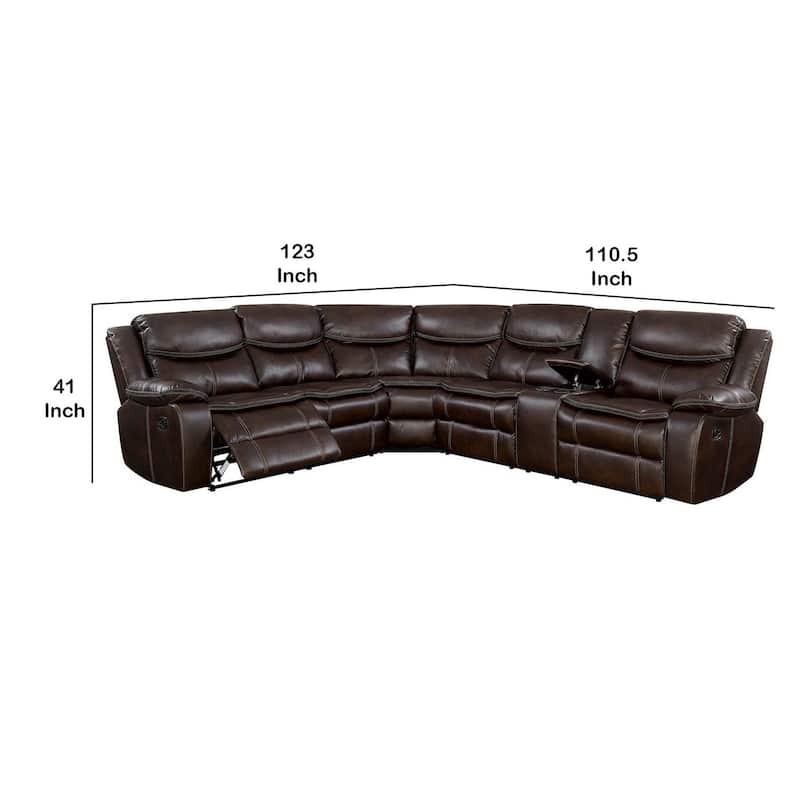 Leatherette Reclining Sectional with Double Stitching Details, Brown