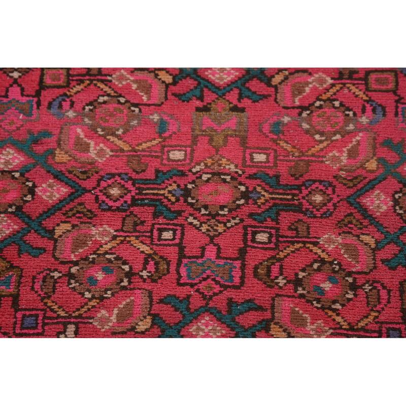 Fuchsia Hamedan Persian Vintage Runner Rug Handmade Wool Carpet - 2'7"x 9'10"