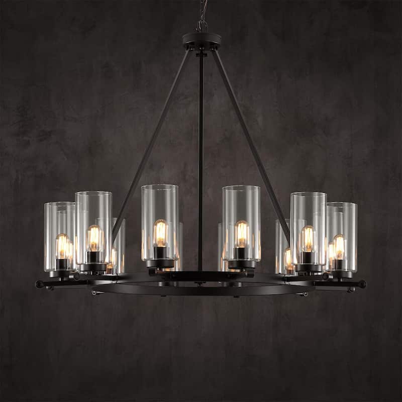 12-Light Mid-Century Modern Black Wagon Wheel Chandelier with Clear Glass Shades - 39.37 in. W x 36.61 in. H