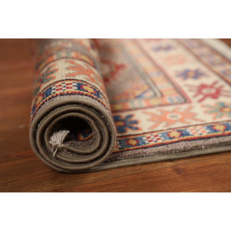 Geometric Kazak Oriental Rug Handmade Grey Wool Carpet - 2'0"x 3'0" - 2'0"x 3'0" - Grey