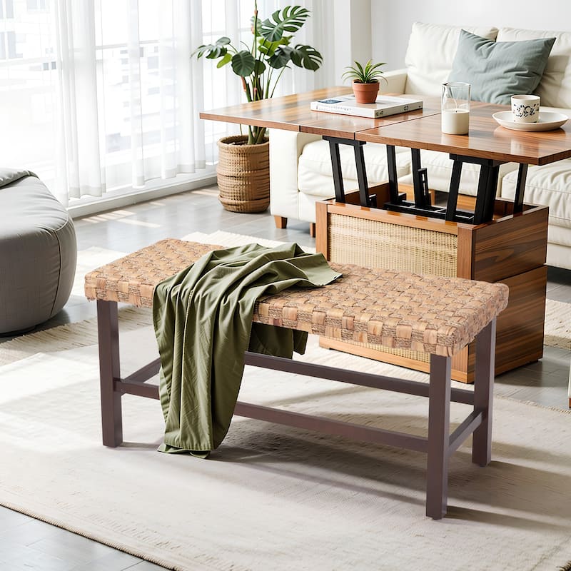 37.4" Rattan Bench With Wood Legs For Entryway