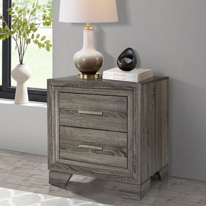 2 Drawers Wooden Nightstand with Metal Pulls in Brown Oak