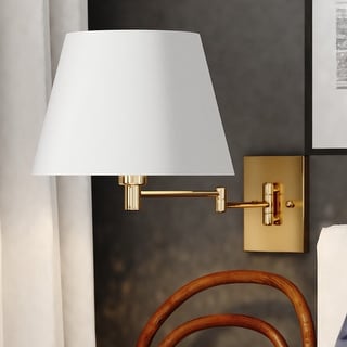 Chapeau Plug-In Brass Cone Motion Sensor Swing Arm Wall Lamp White Linen Shade - 12-in W x 13-in H x 22.25-in D