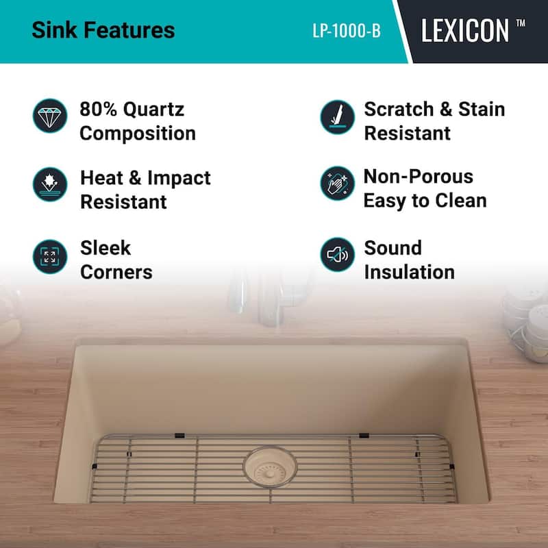 Lexicon Drop-In Quartz 32 Inch Single Bowl Kitchen Sink Kit - 32"x19"