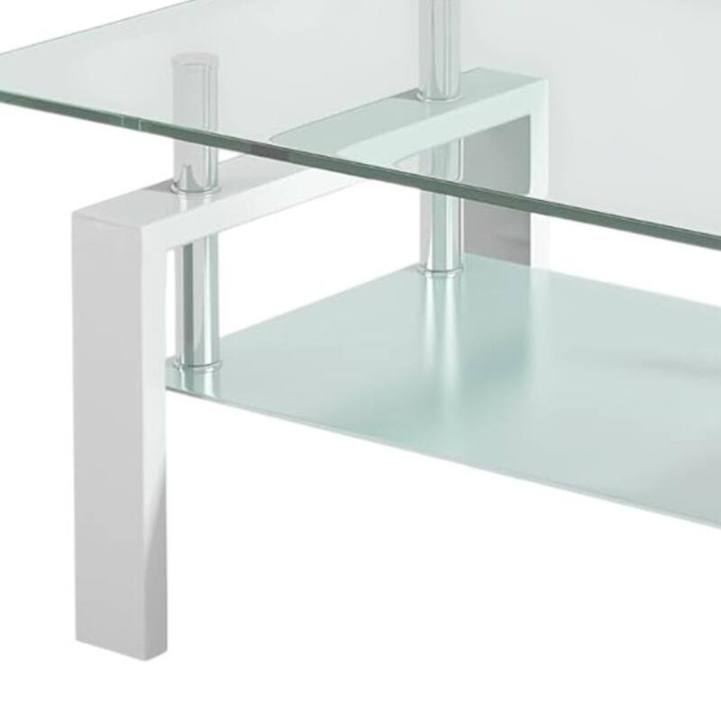 HomeRoots 39" Clear and White Glass and Steel Coffee Table With Shelf - 39.37 in. x 17.32 in. x 23.62 in.