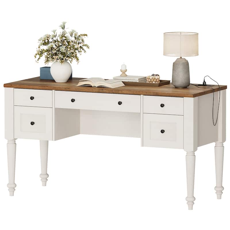 56'' Farmhouse Executive Desk with Drawers White/Oak - 5 Drawers and 2 Doors