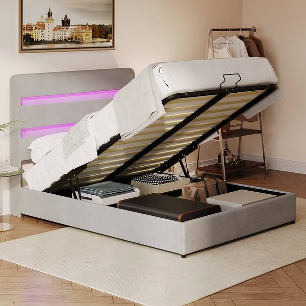 slide 2 of 24, Full Size Upholstered Hydraulic Storage Bed - Lift-Up with RGB LED Headboard, Velvet, Gray Gray