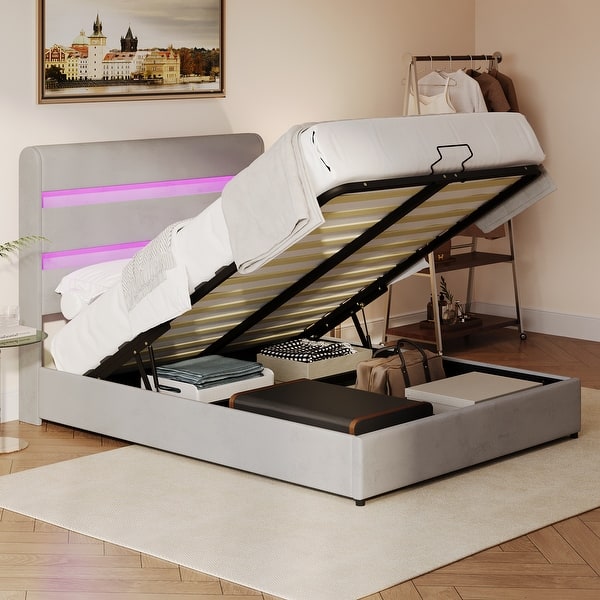slide 2 of 10, Queen Size Upholstered Hydraulic Storage Bed - Lift-Up with RGB LED Headboard, Velvet, Gray. Gray