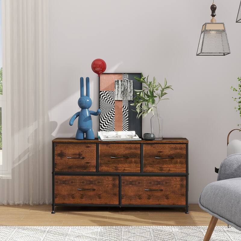 Modern 5-Drawer Chest of Drawers with Fabric Bin, Steel Frame, Wood Top for Bedroom, Entryway