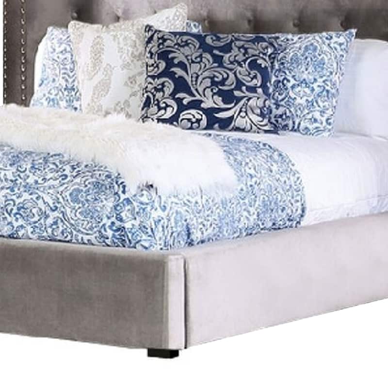Rozy Queen Bed with Wingback Headboard, Nailhead Trim, Gray Upholstery