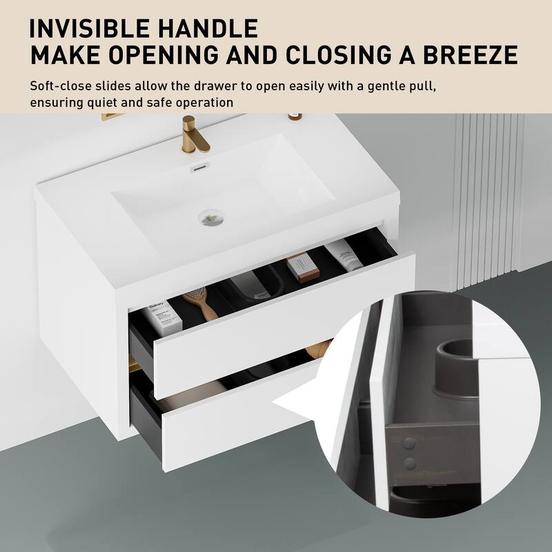 GDFStudio - Maxwell Floating Bathroom Vanity with Stone Resin Countertop & Soft-Close Drawers
