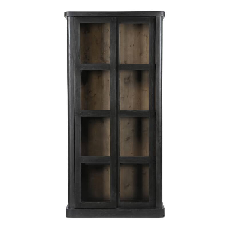 NADAAL STUDIOS Selira Cabinet, Sliding Glass Doors with Rounded Frame in Solid Neem Wood, Black