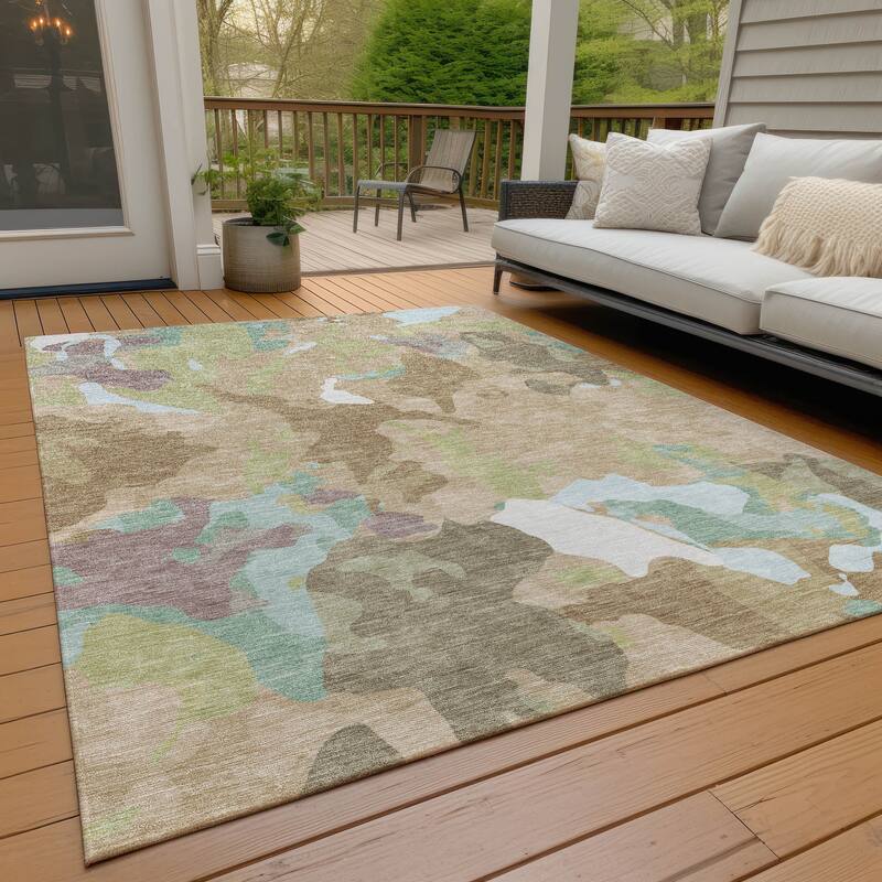 Machine Washable Indoor/Outdoor Modern Brushstrokes Chantille Rug - Beige - 5' x 7'6"